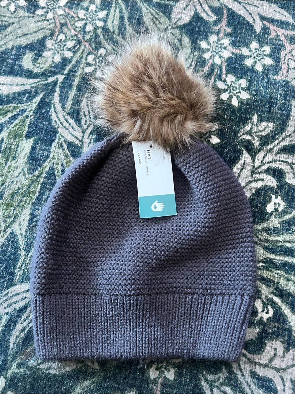 Kids Gray Knit Pom Beanie Hat with Faux Fur Pom
